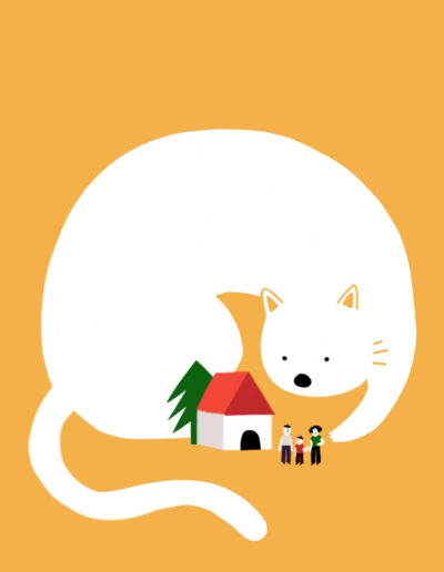 Minimalist illustration of a large white cat curling protectively around a small house and a tiny family on a yellow background