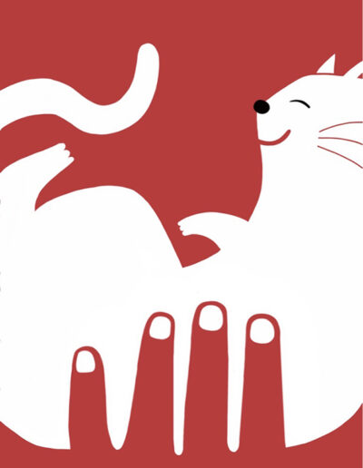 Close-up conceptual illustration of a human hand petting a white cat on a high-contrast red background