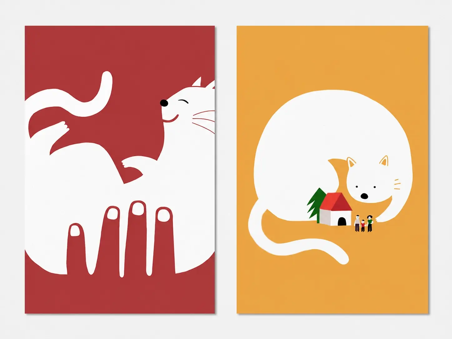 Cristina Martin Illustration - Institutional Campaign - Cats – 3 Close-up conceptual illustration of a human hand petting a white cat on a high-contrast red background